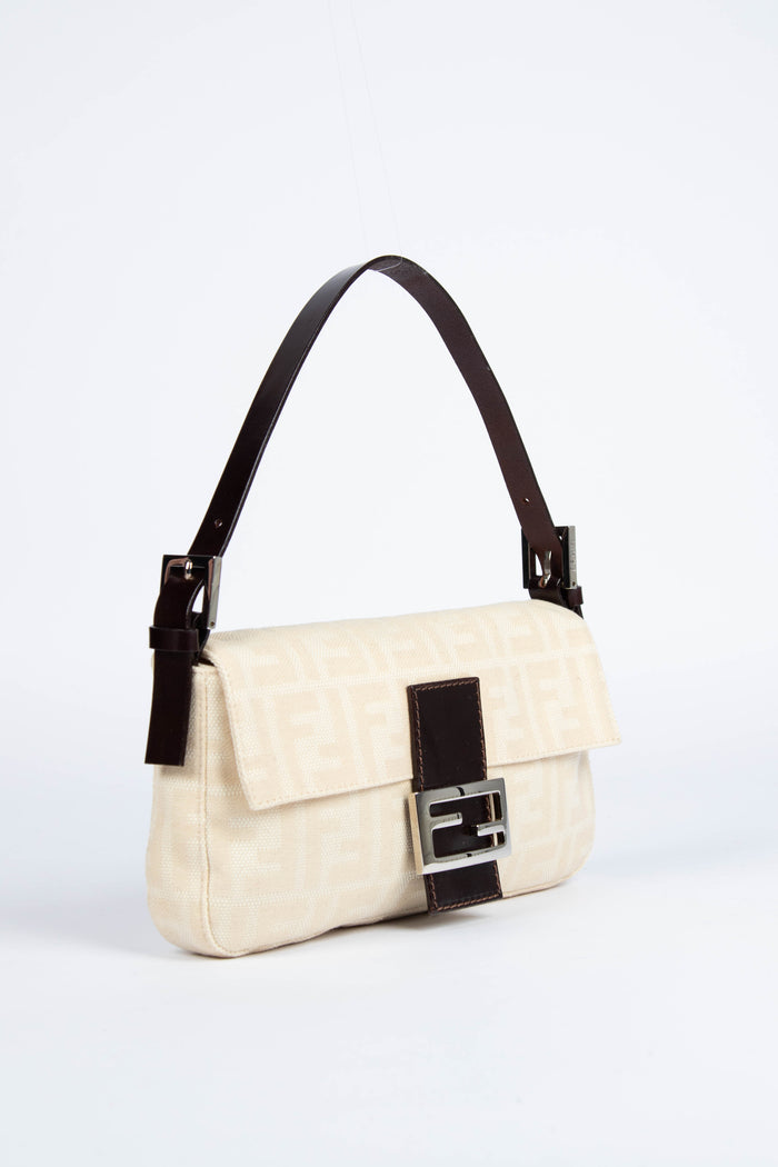 Vintage Fendi Cream Canvas Zucca Baguette Shoulder Bag