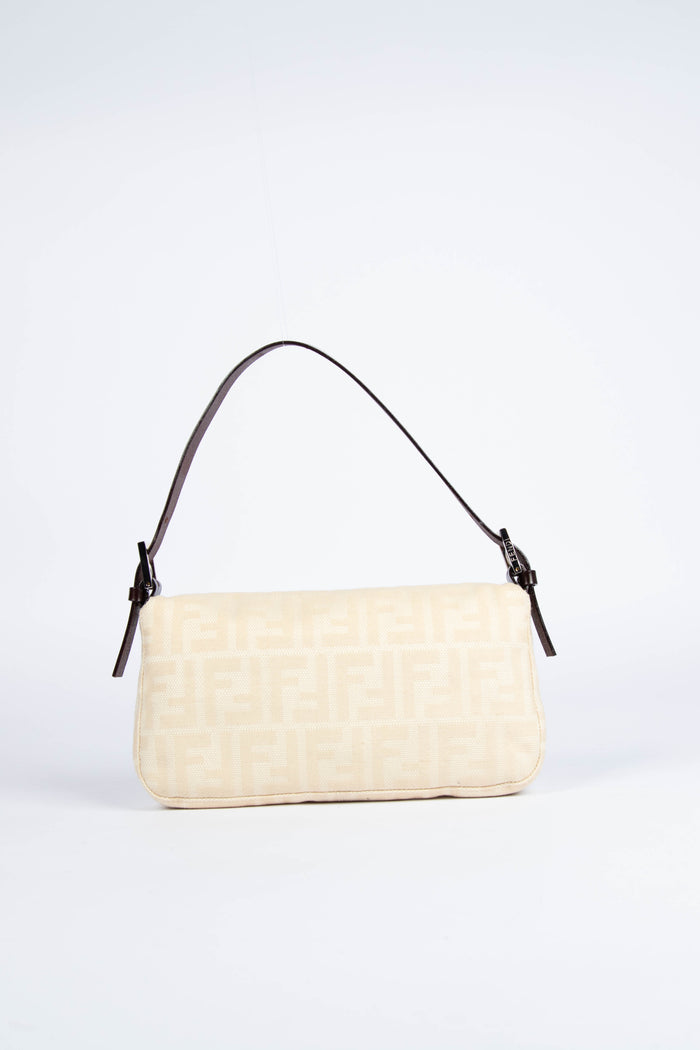 Vintage Fendi Cream Canvas Zucca Baguette Shoulder Bag