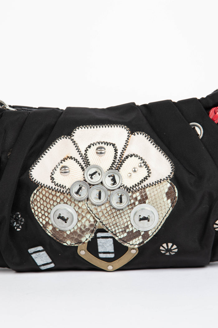 2000s Prada Black Nylon Appliqué Small Shoulder Bag