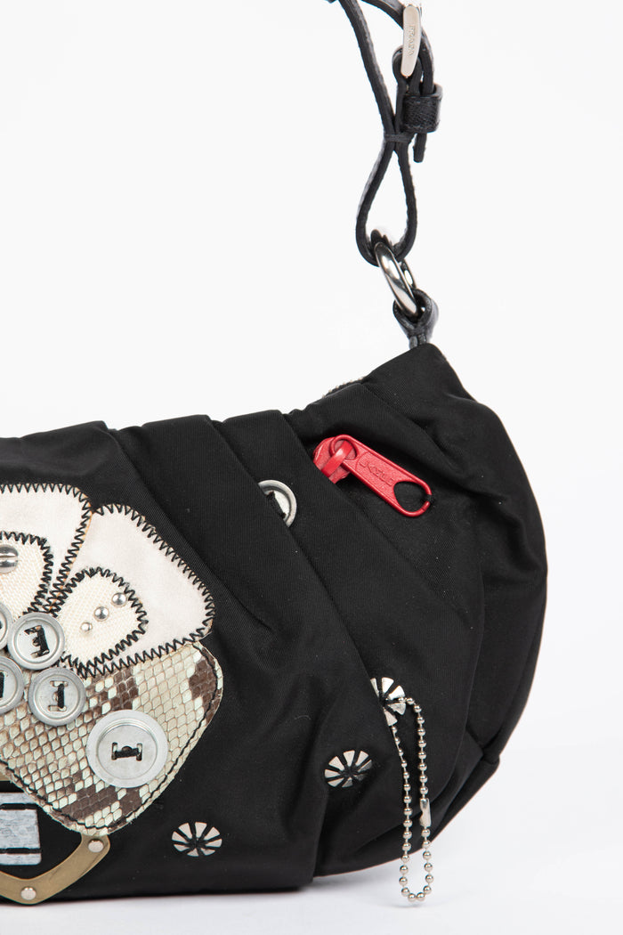 2000s Prada Black Nylon Appliqué Small Shoulder Bag