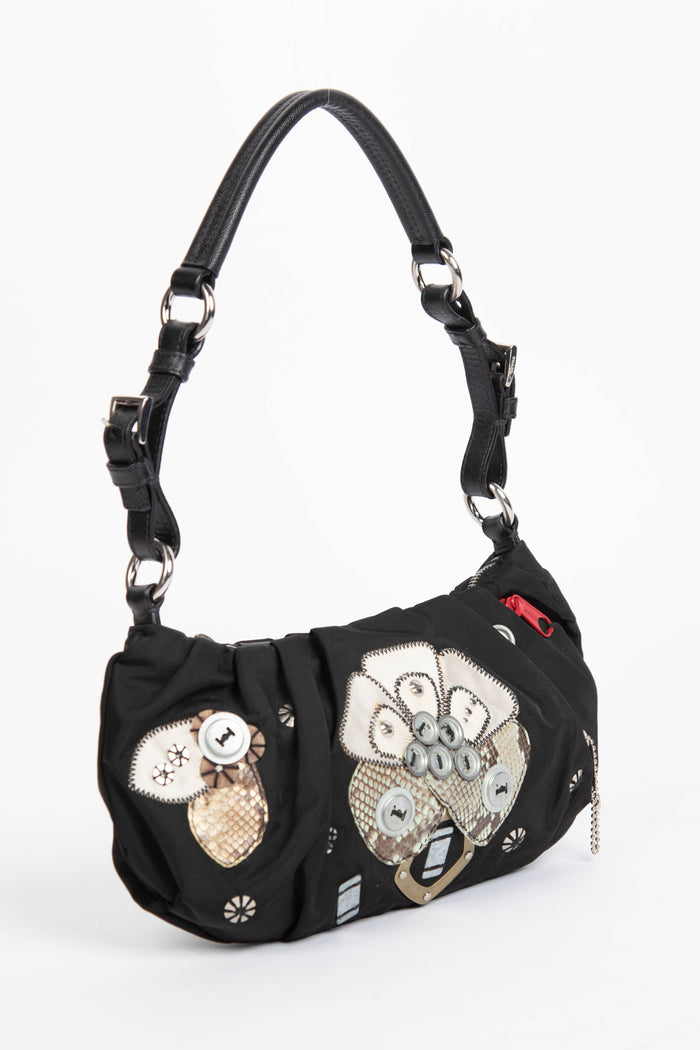 2000s Prada Black Nylon Appliqué Small Shoulder Bag
