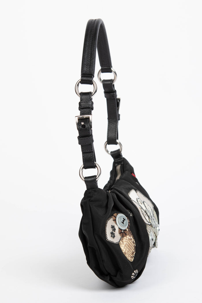 2000s Prada Black Nylon Appliqué Small Shoulder Bag
