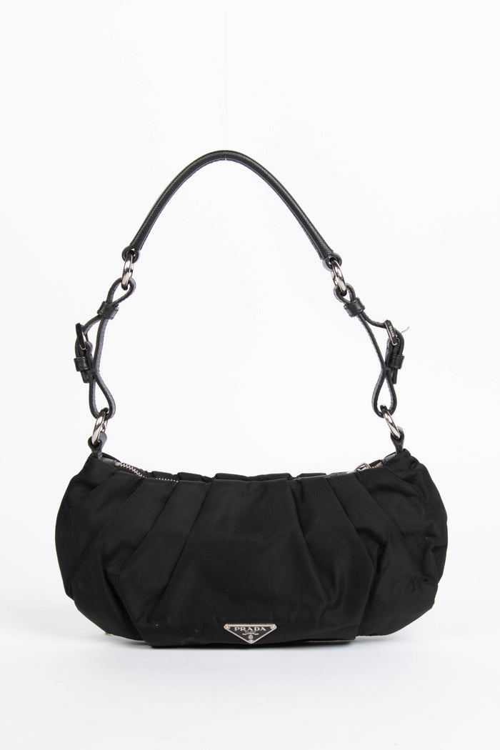 2000s Prada Black Nylon Appliqué Small Shoulder Bag