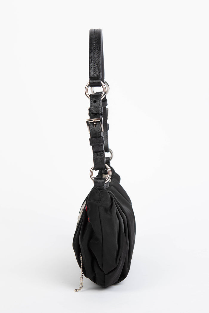 2000s Prada Black Nylon Appliqué Small Shoulder Bag