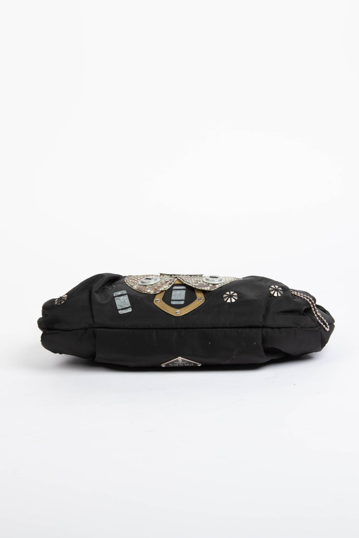 2000s Prada Black Nylon Appliqué Small Shoulder Bag