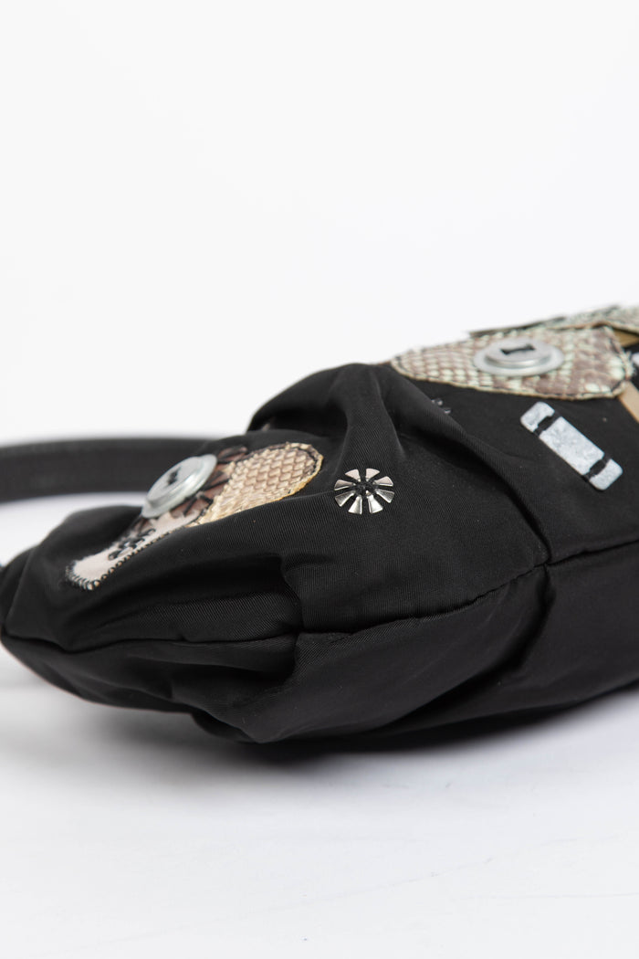 2000s Prada Black Nylon Appliqué Small Shoulder Bag