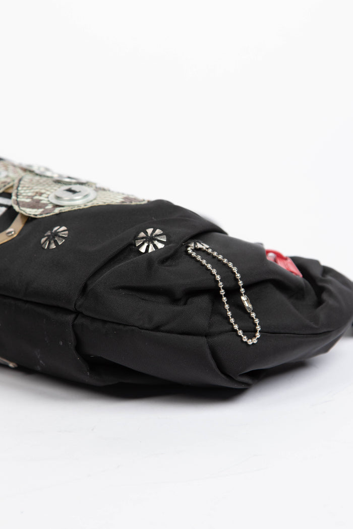 2000s Prada Black Nylon Appliqué Small Shoulder Bag