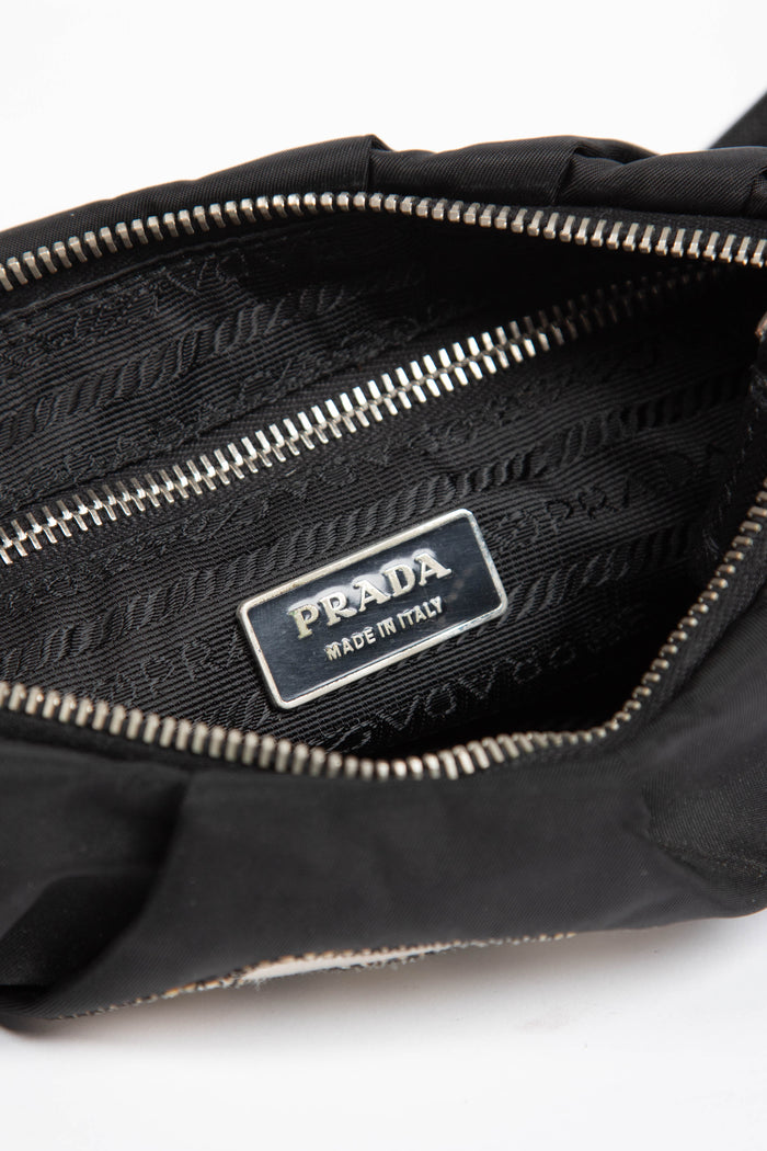 2000s Prada Black Nylon Appliqué Small Shoulder Bag
