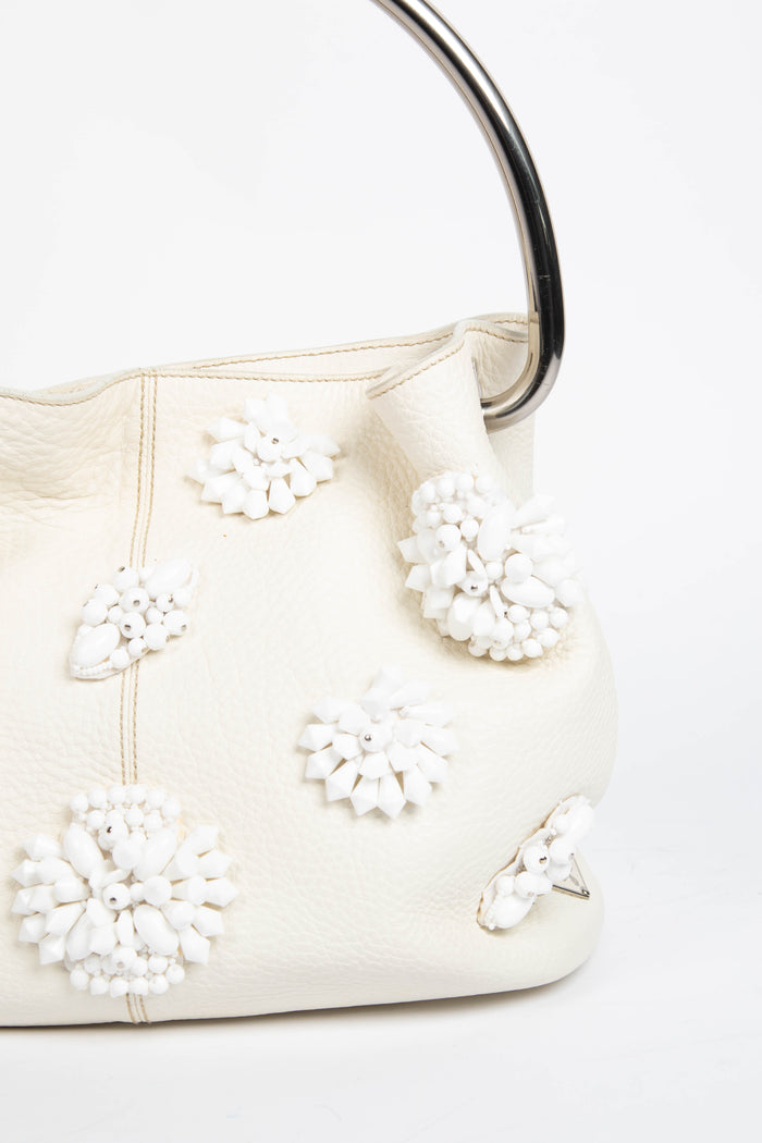 2010s Prada Cream Leather Embellished Bucket Bag