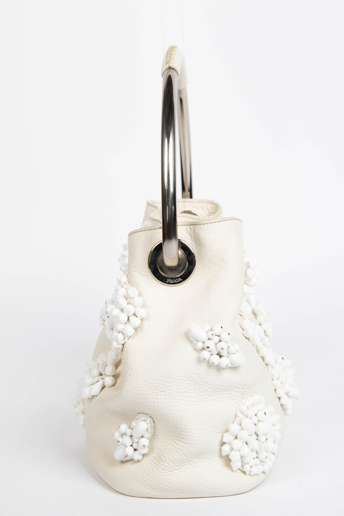 2010s Prada Cream Leather Embellished Bucket Bag