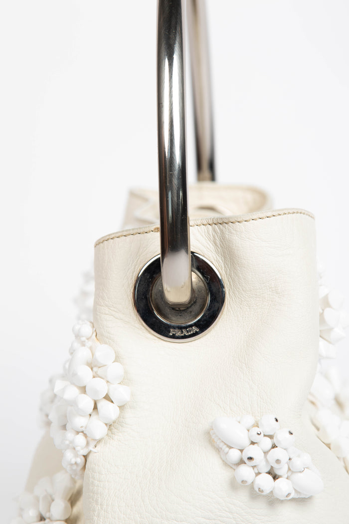 2010s Prada Cream Leather Embellished Bucket Bag