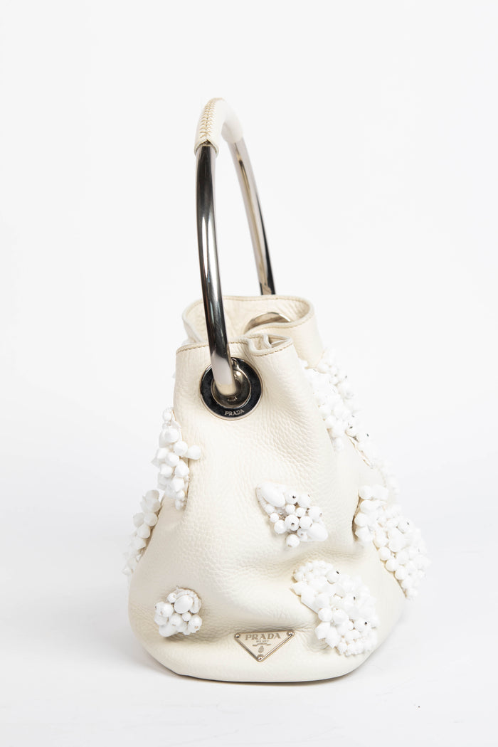 2010s Prada Cream Leather Embellished Bucket Bag