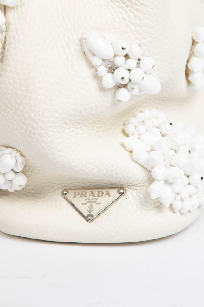 2010s Prada Cream Leather Embellished Bucket Bag