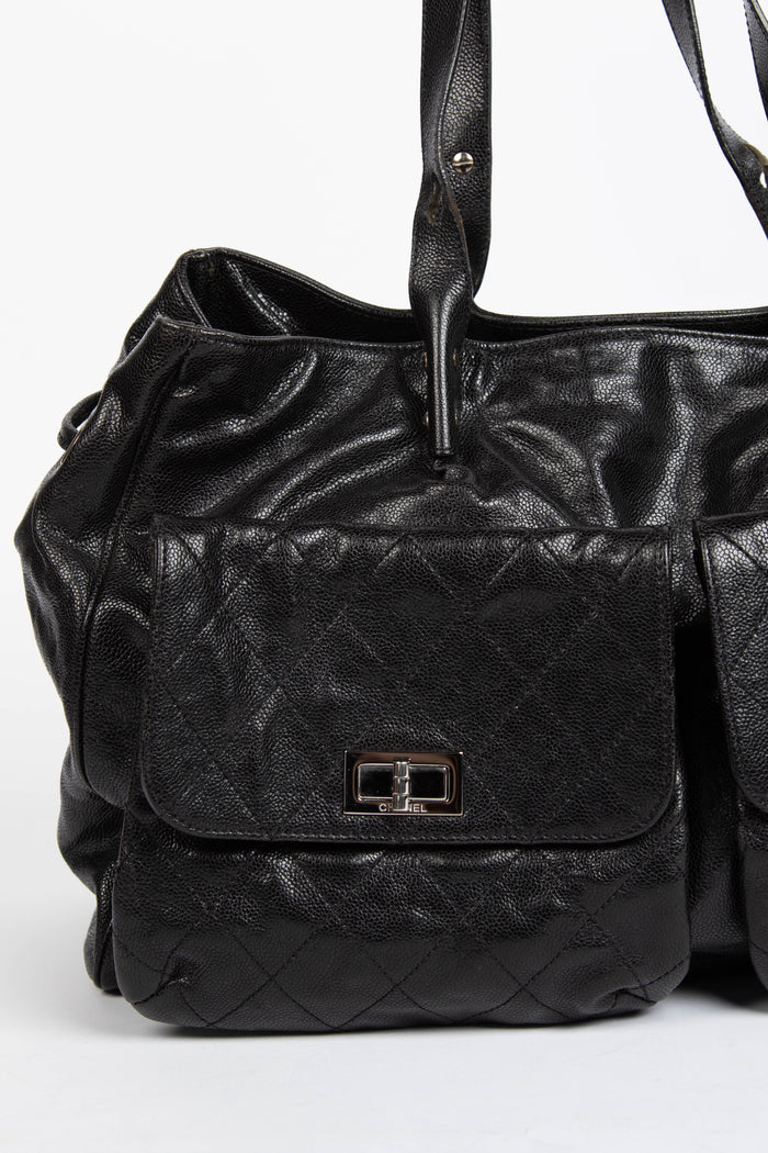 2000s Chanel Black Caviar Leather Reissue Double Pocket Tote Bag