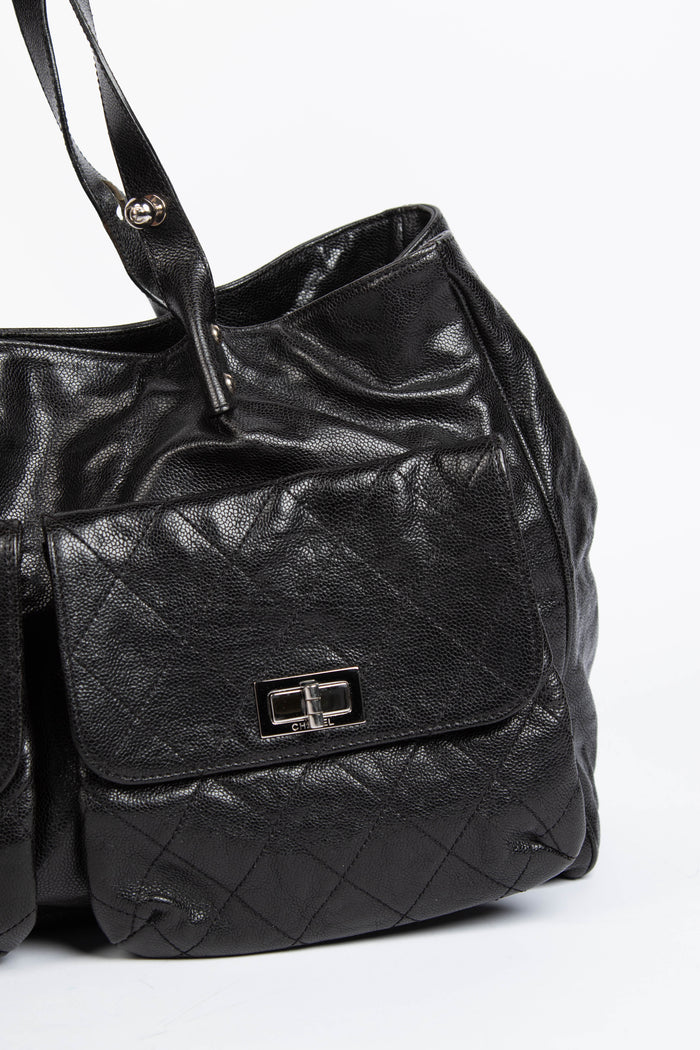 2000s Chanel Black Caviar Leather Reissue Double Pocket Tote Bag