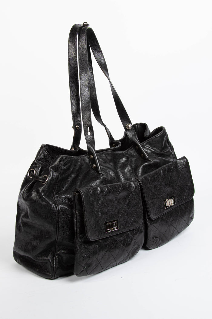 2000s Chanel Black Caviar Leather Reissue Double Pocket Tote Bag