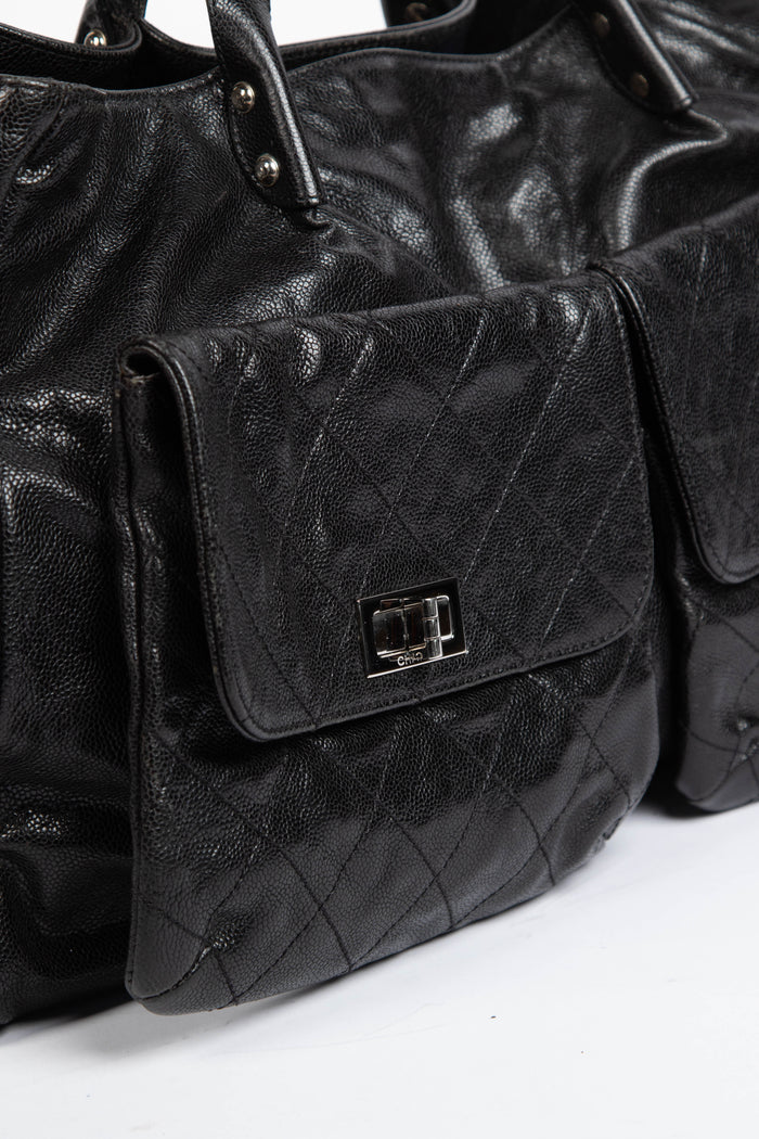 2000s Chanel Black Caviar Leather Reissue Double Pocket Tote Bag