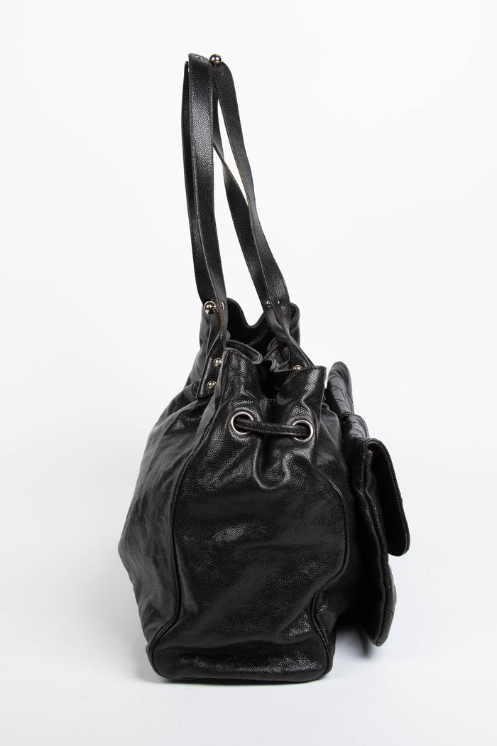 2000s Chanel Black Caviar Leather Reissue Double Pocket Tote Bag