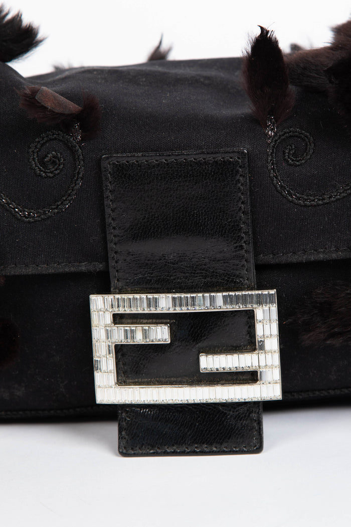 Vintage Fendi Black Embellished Neoprene Baguette Shoulder Bag