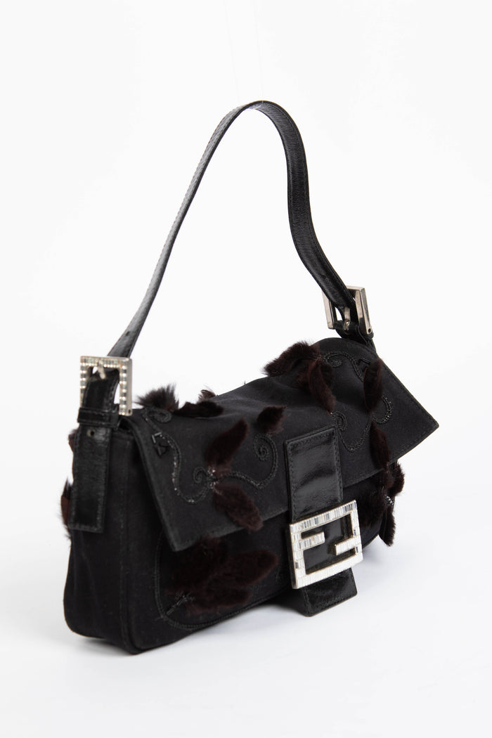 Vintage Fendi Black Embellished Neoprene Baguette Shoulder Bag
