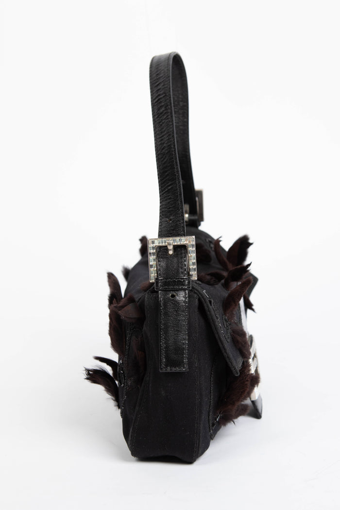 Vintage Fendi Black Embellished Neoprene Baguette Shoulder Bag