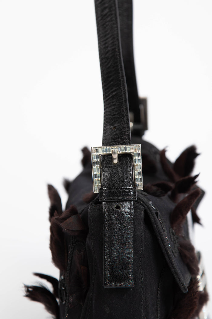 Vintage Fendi Black Embellished Neoprene Baguette Shoulder Bag
