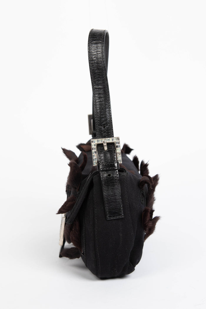 Vintage Fendi Black Embellished Neoprene Baguette Shoulder Bag