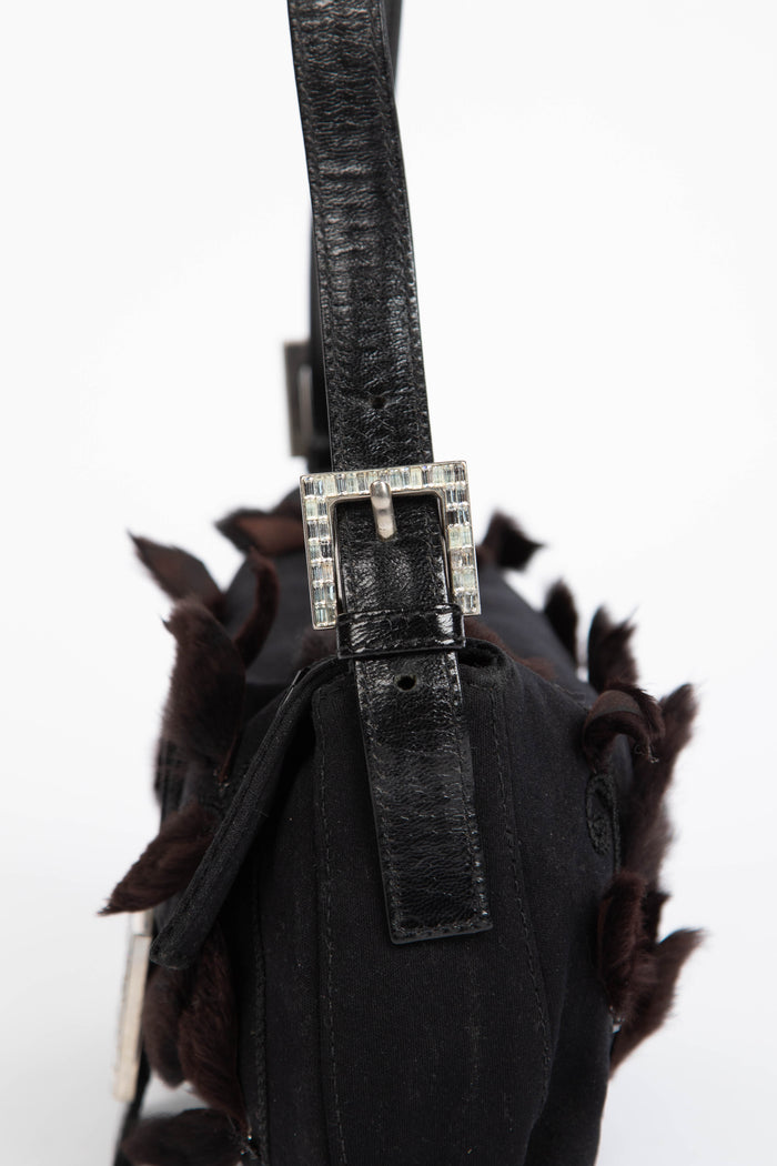 Vintage Fendi Black Embellished Neoprene Baguette Shoulder Bag