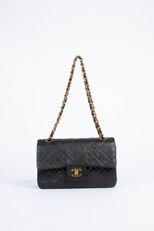 90s Chanel Black Lambskin Small Double Flap Shoulder Bag 24k GHW