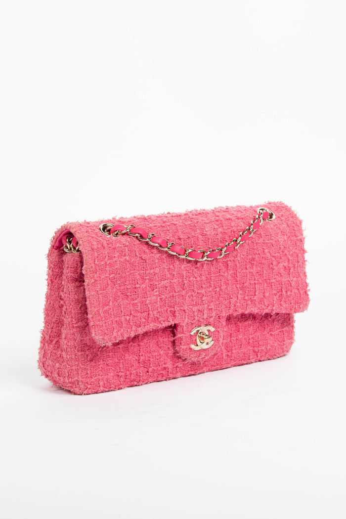 2020s Chanel Pink Tweed Medium Double Flap Shoulder Bag