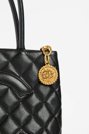 2000s Chanel Black Caviar Gold Medallion Tote Bag