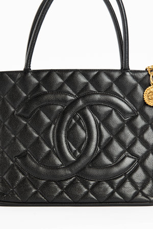 2000s Chanel Black Caviar Gold Medallion Tote Bag