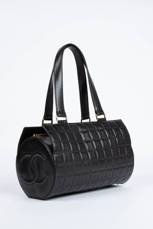 2000s Chanel Black Lambskin Chocolate Bar Barrel Bag