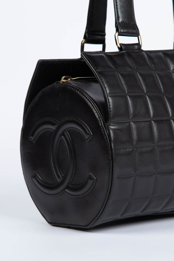 2000s Chanel Black Lambskin Chocolate Bar Barrel Bag