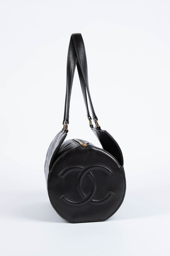 2000s Chanel Black Lambskin Chocolate Bar Barrel Bag