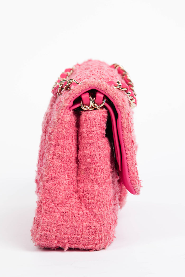 2020s Chanel Pink Tweed Medium Double Flap Shoulder Bag
