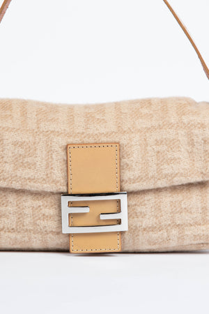 Vintage Fendi Beige Zucca Cashmere Baguette Shoulder Bag