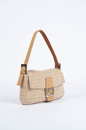 Vintage Fendi Beige Zucca Cashmere Baguette Shoulder Bag