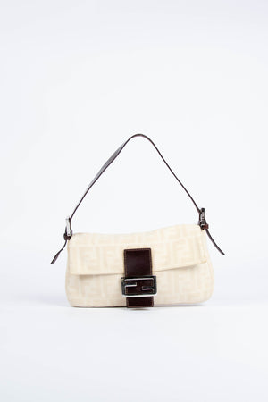 Vintage Fendi Cream Canvas Zucca Baguette Shoulder Bag