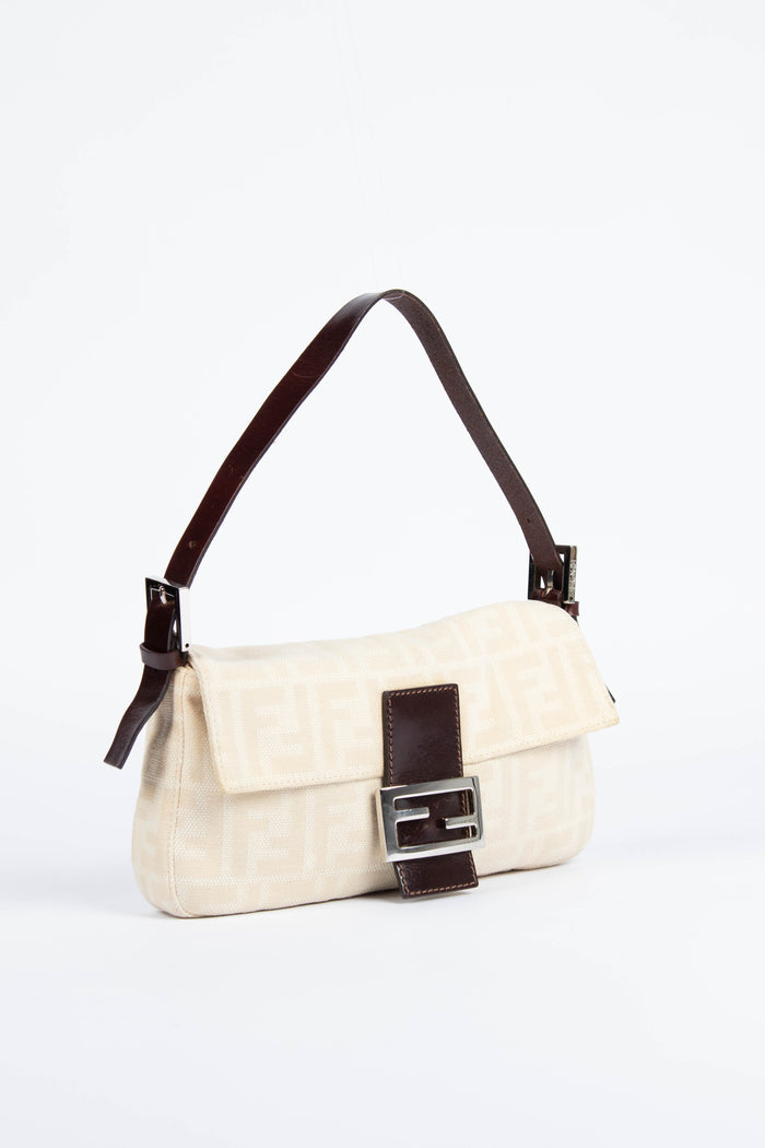 Vintage Fendi Cream Canvas Zucca Baguette Shoulder Bag