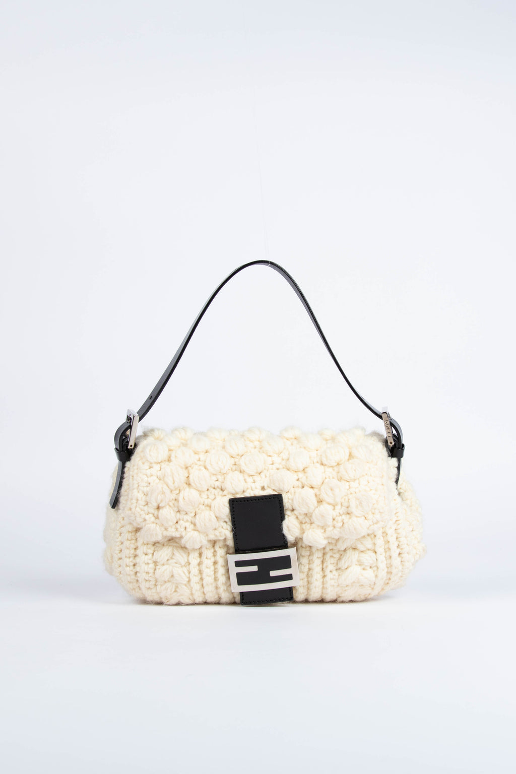 Vintage Fendi White Knitted Baguette Shoulder Bag