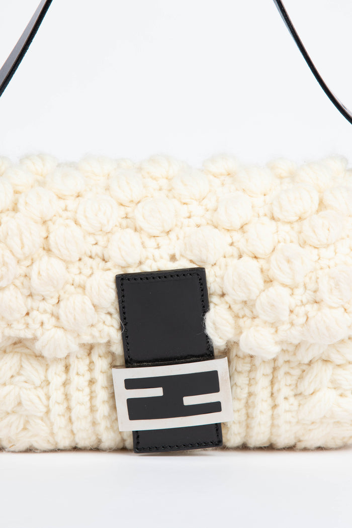 Vintage Fendi White Knitted Baguette Shoulder Bag