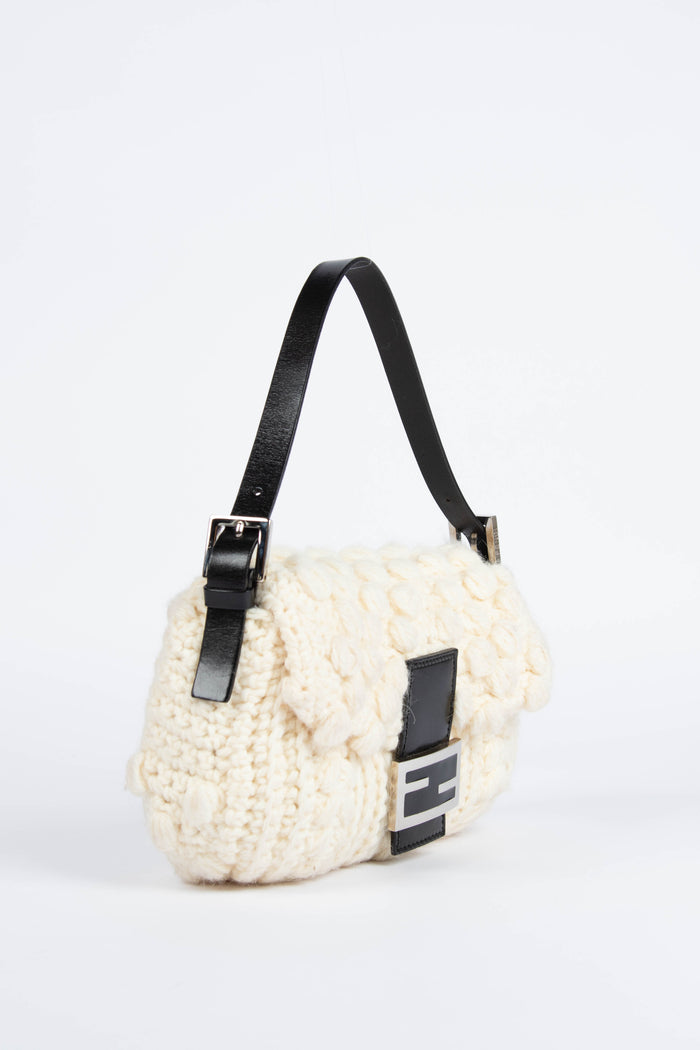 Vintage Fendi White Knitted Baguette Shoulder Bag