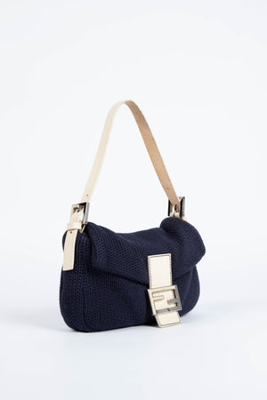 Vintage Fendi Navy Knitted Baguette Shoulder Bag