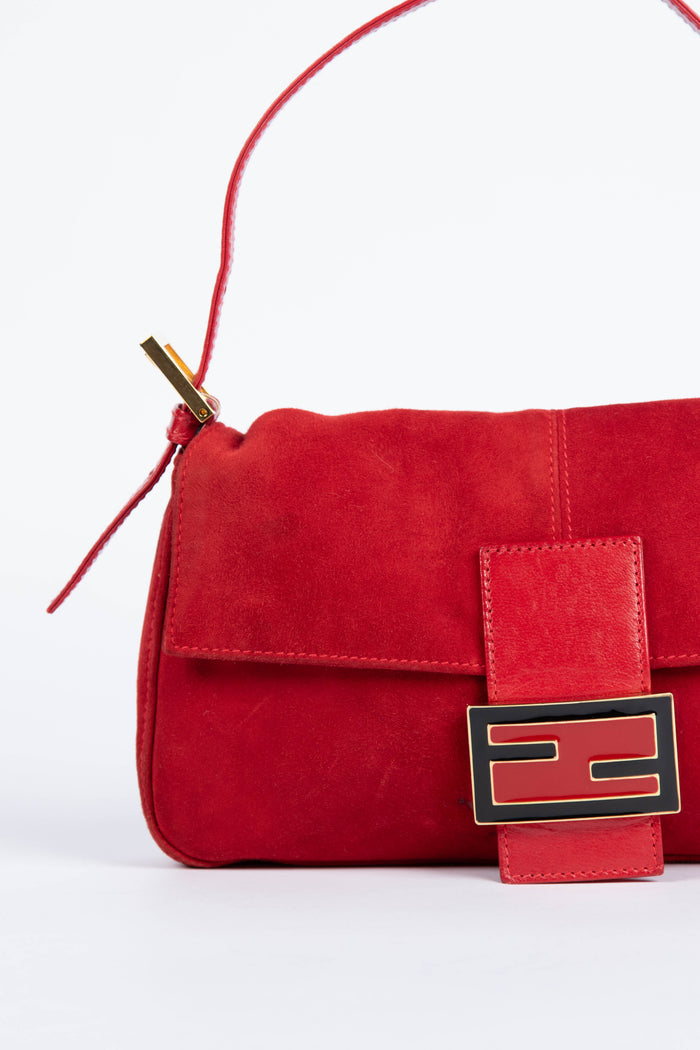 Vintage Fendi Red Suede Baguette Shoulder Bag