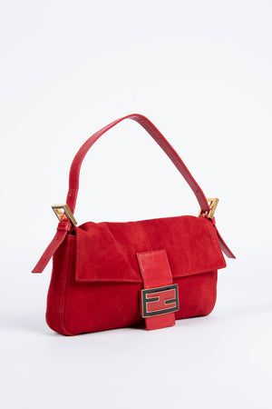 Vintage Fendi Red Suede Baguette Shoulder Bag