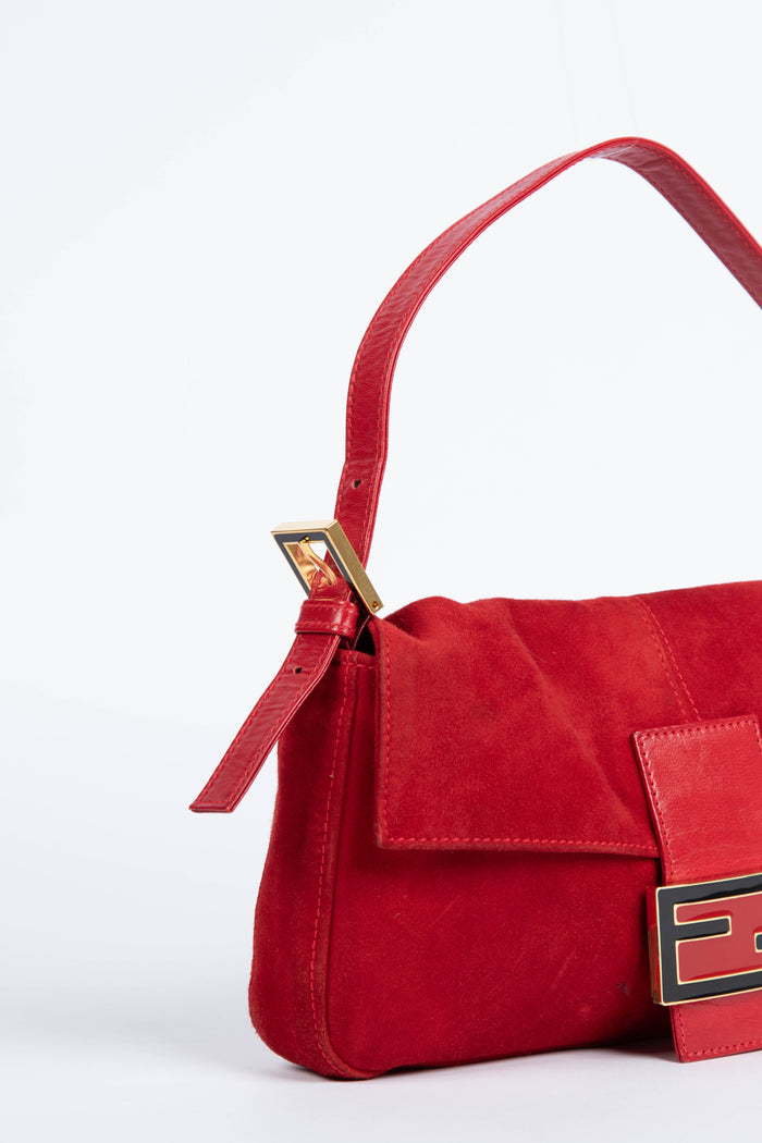 Vintage Fendi Red Suede Baguette Shoulder Bag