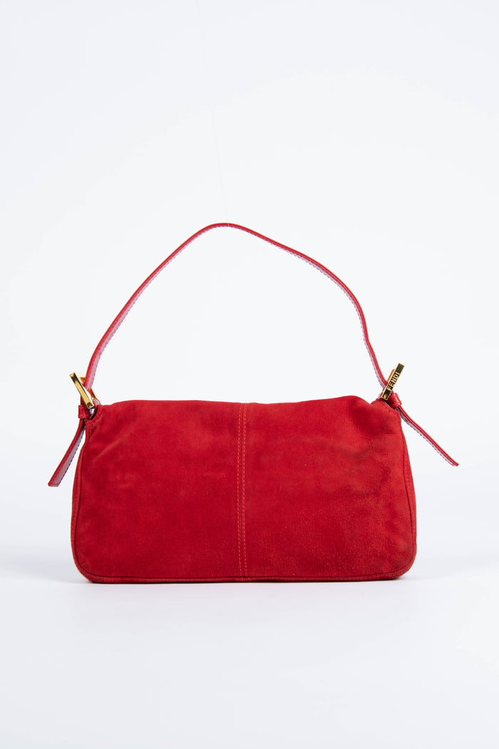 Vintage Fendi Red Suede Baguette Shoulder Bag