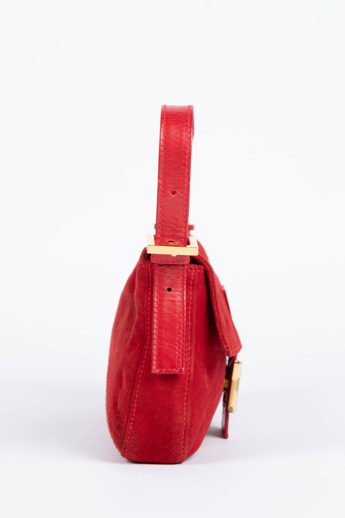 Vintage Fendi Red Suede Baguette Shoulder Bag