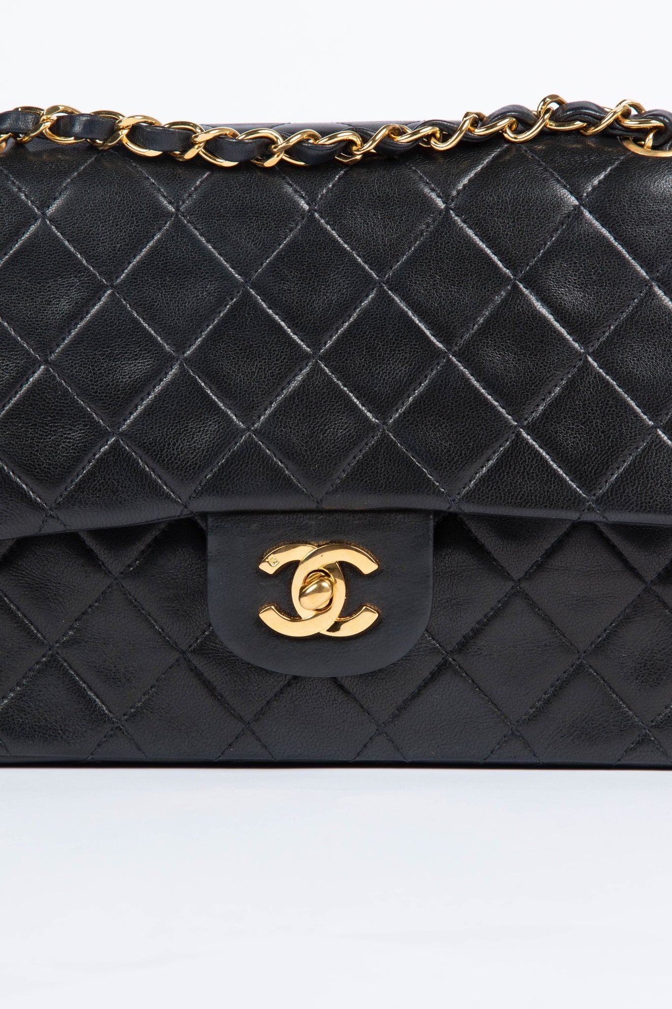 90s Chanel Black Lambskin Medium Classic Double Flap with 24K GHW